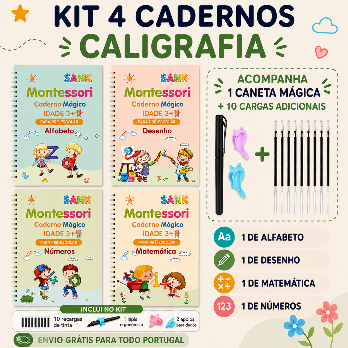 MagicBook™ | Kit 4 Cadernos de Caligrafia Reutilizáveis