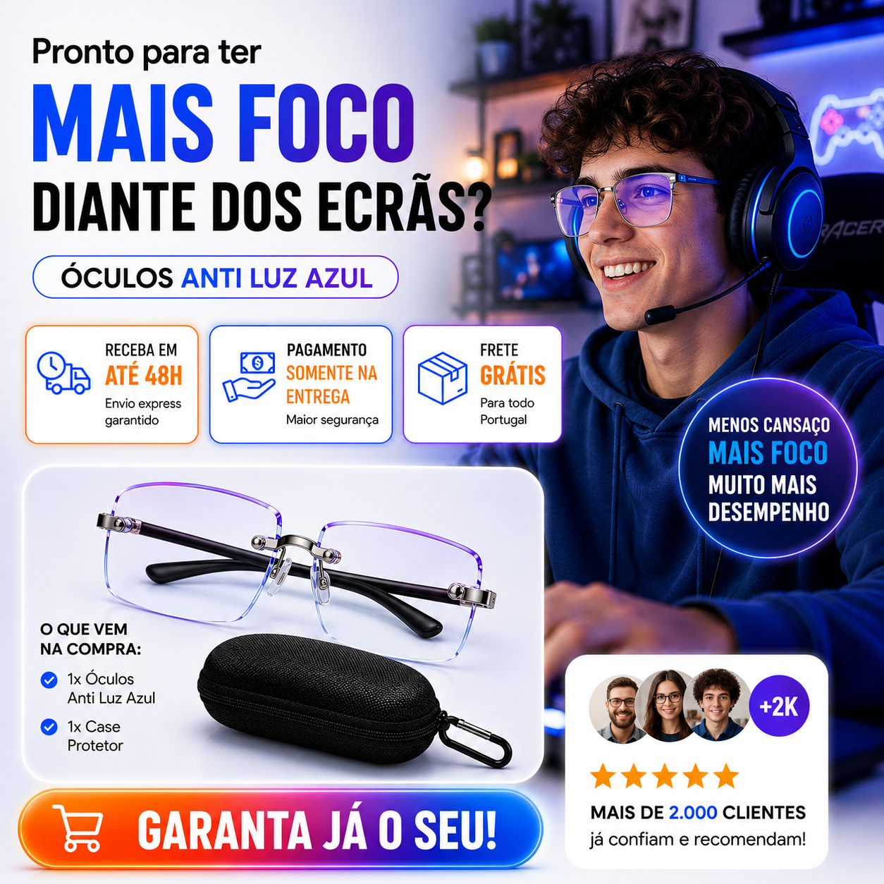 Óculos com Filtro de Luz Azul + Case | VistaZen™