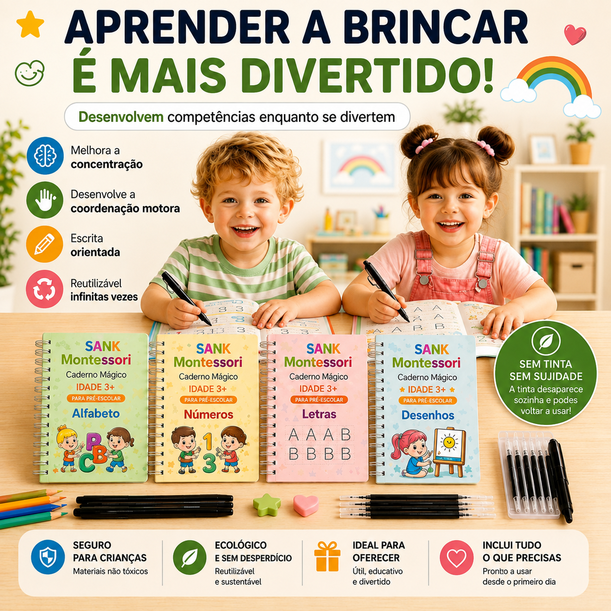 MagicBook™ | Kit 4 Cadernos de Caligrafia Reutilizáveis — Português ou Inglês