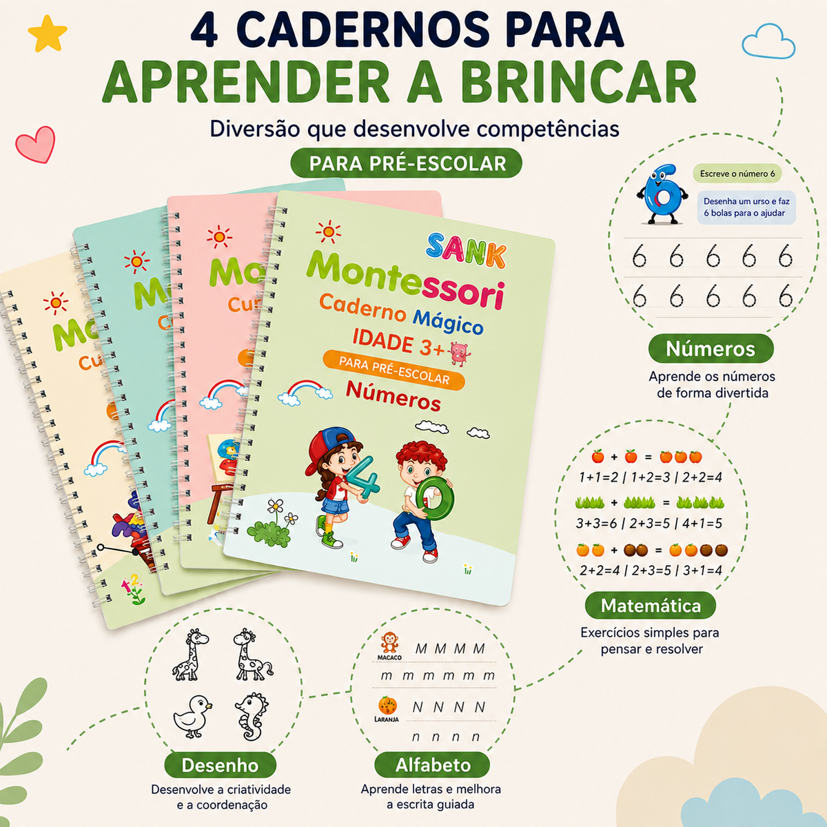 MagicBook™ | Kit 4 Cadernos de Caligrafia Reutilizáveis — Português ou Inglês