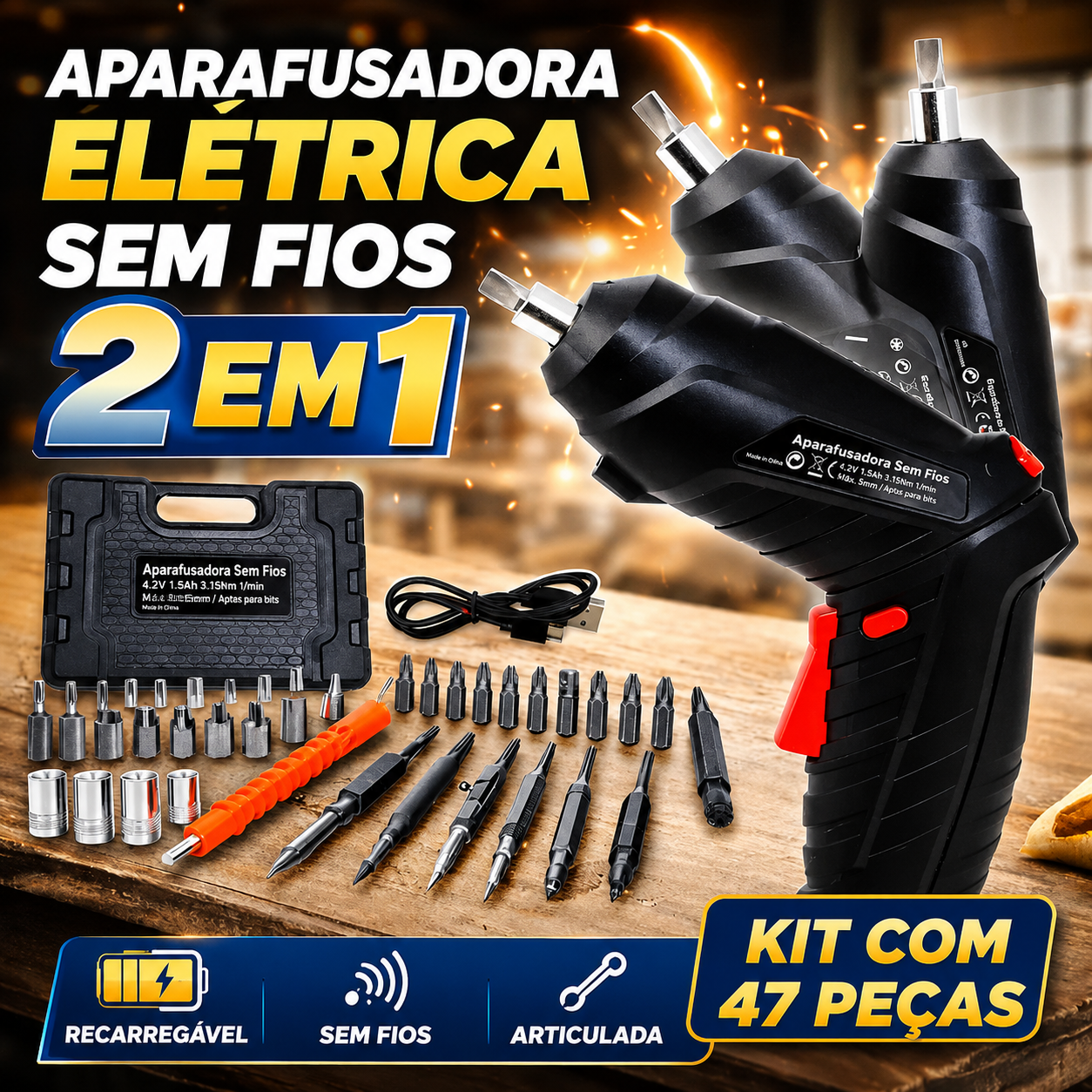 Aparafusadora Elétrica Sem Fios DrillMate®  | 47 Peças + Mala de Transporte