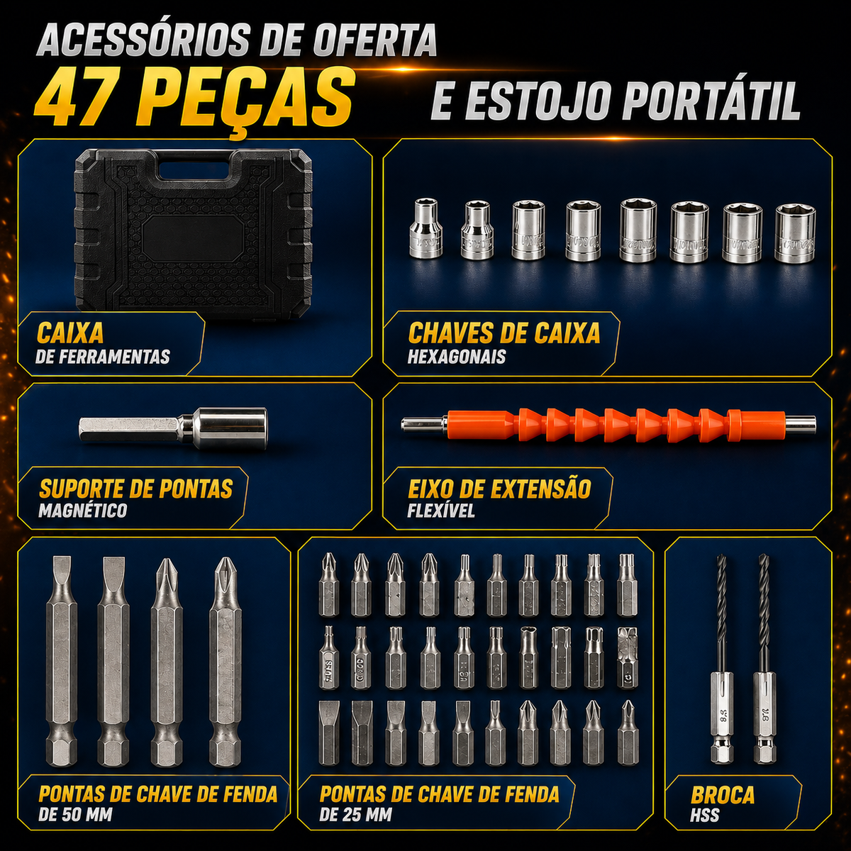 Aparafusadora Elétrica Sem Fios DrillMate®  | 47 Peças + Mala de Transporte