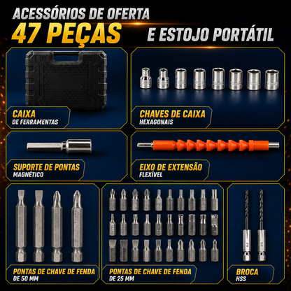 Aparafusadora Elétrica Sem Fios DrillMate®  | 47 Peças + Mala de Transporte