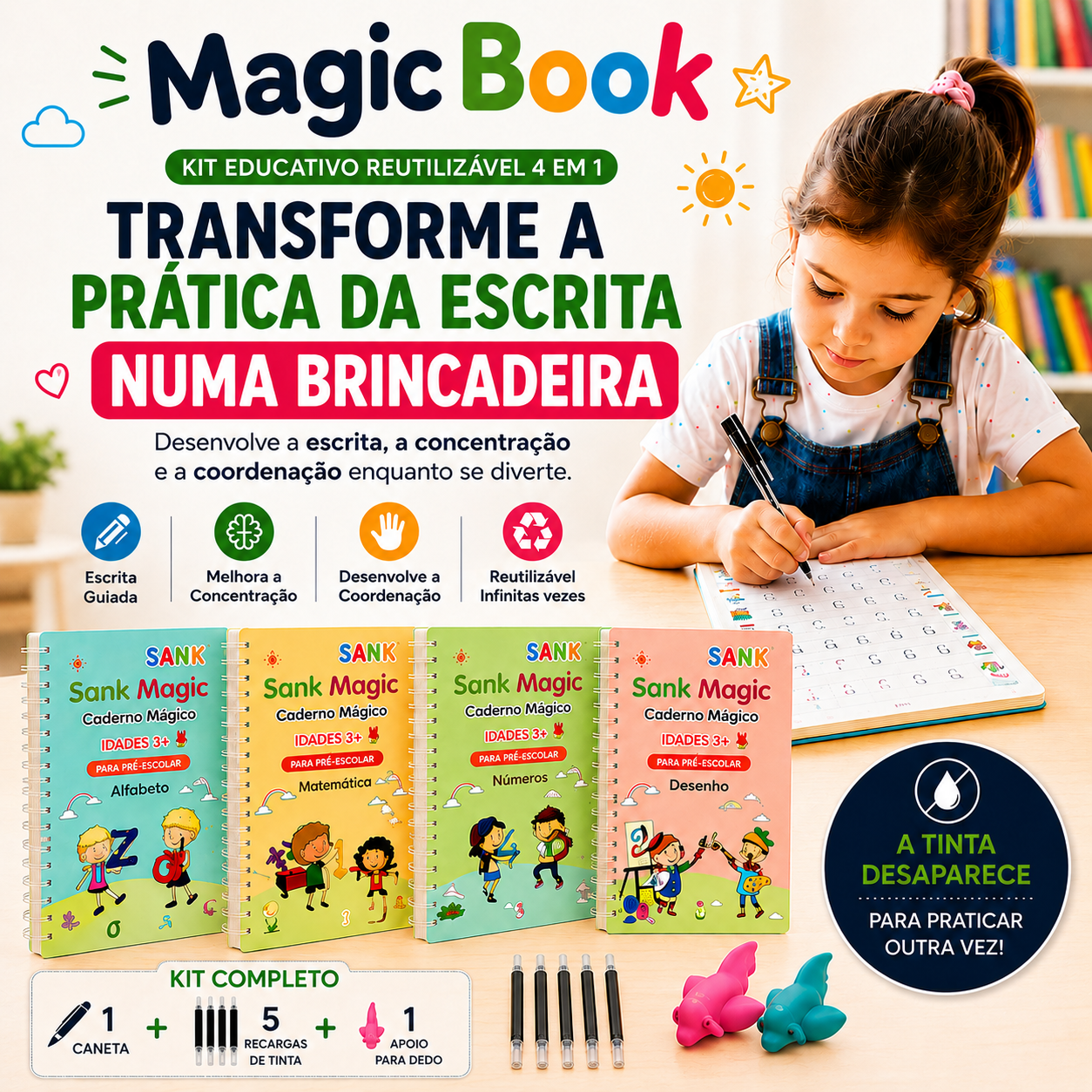 MagicBook™ | Kit 4 Cadernos de Caligrafia Reutilizáveis — Português ou Inglês