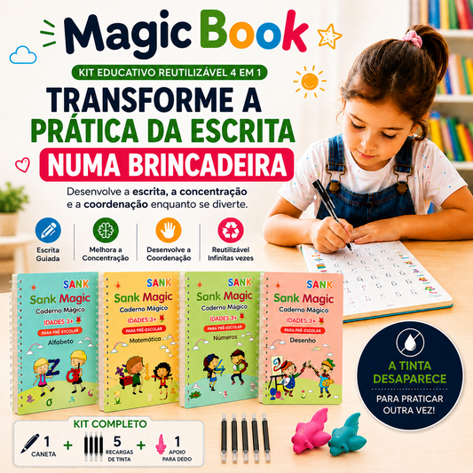 MagicBook™ | Kit 4 Cadernos de Caligrafia Reutilizáveis — Português ou Inglês