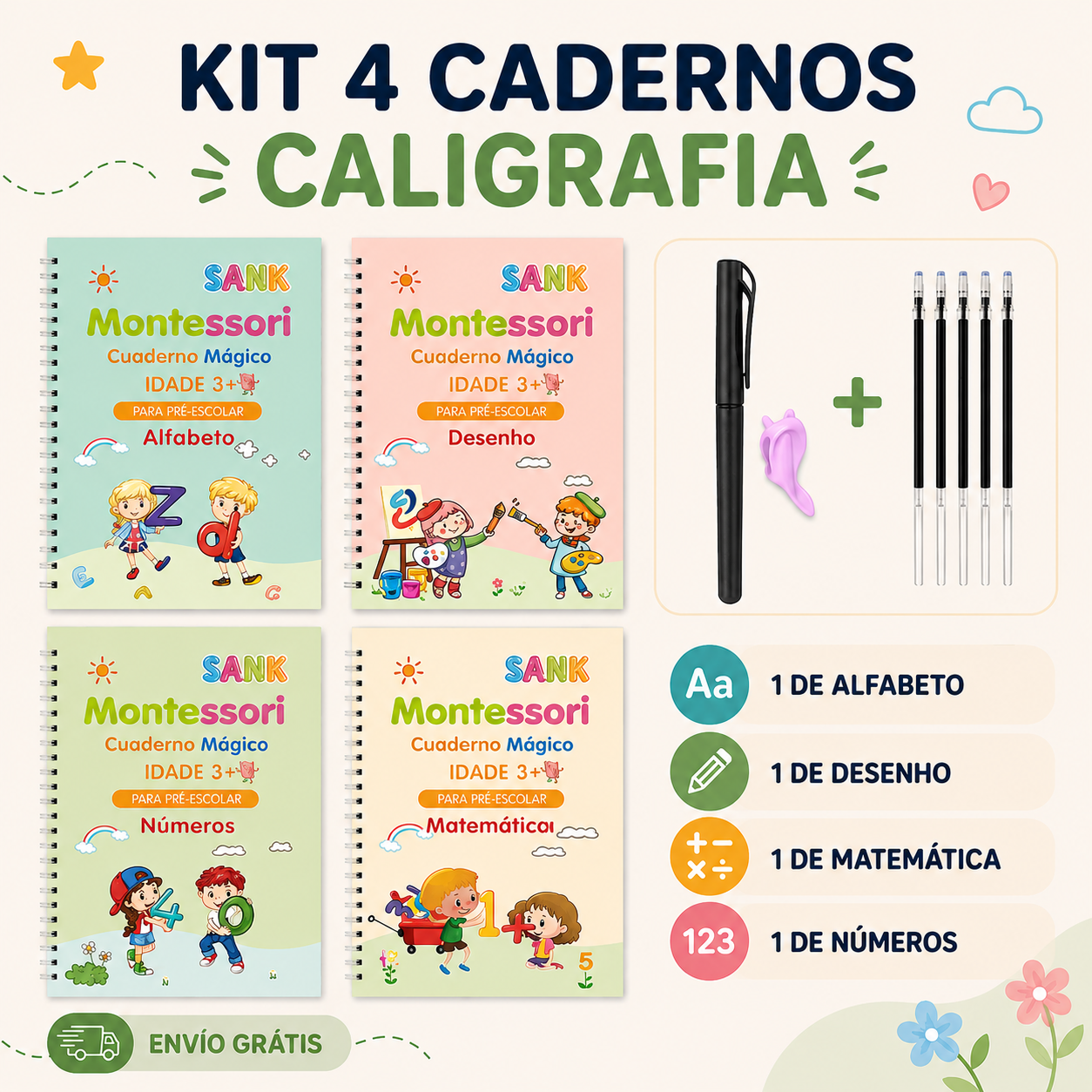 Kit 4 Cadernos Educativos Reutilizáveis MagicBook™ (Português e Inglês)