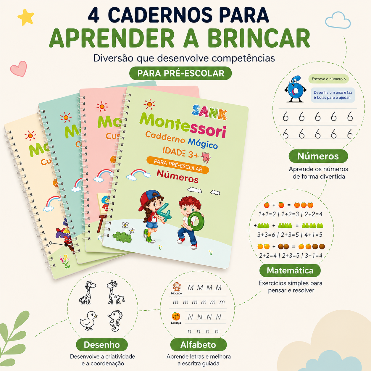 Kit 4 Cadernos Educativos Reutilizáveis MagicBook™ (Português e Inglês)