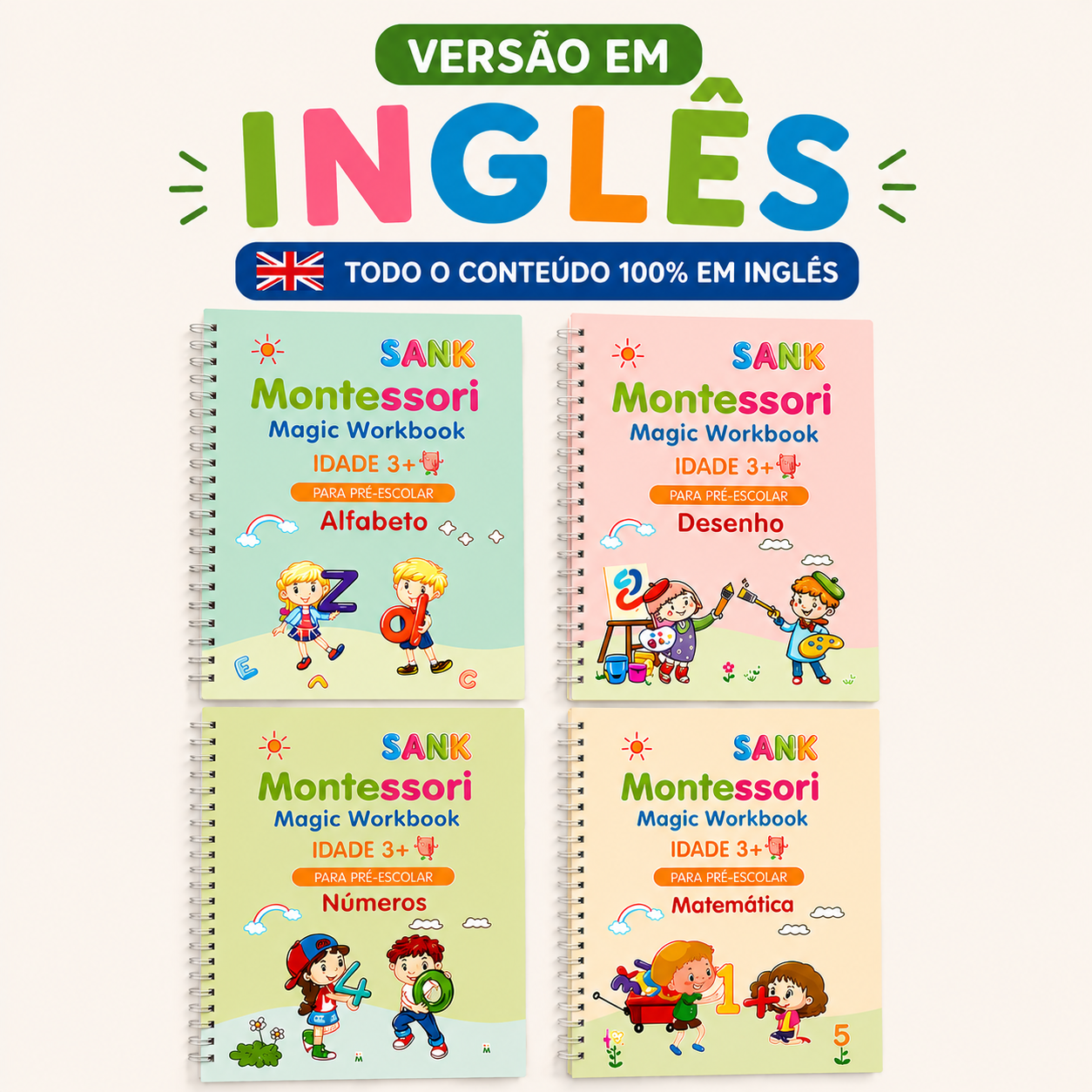 Kit 4 Cadernos Educativos Reutilizáveis MagicBook™ (Português e Inglês)