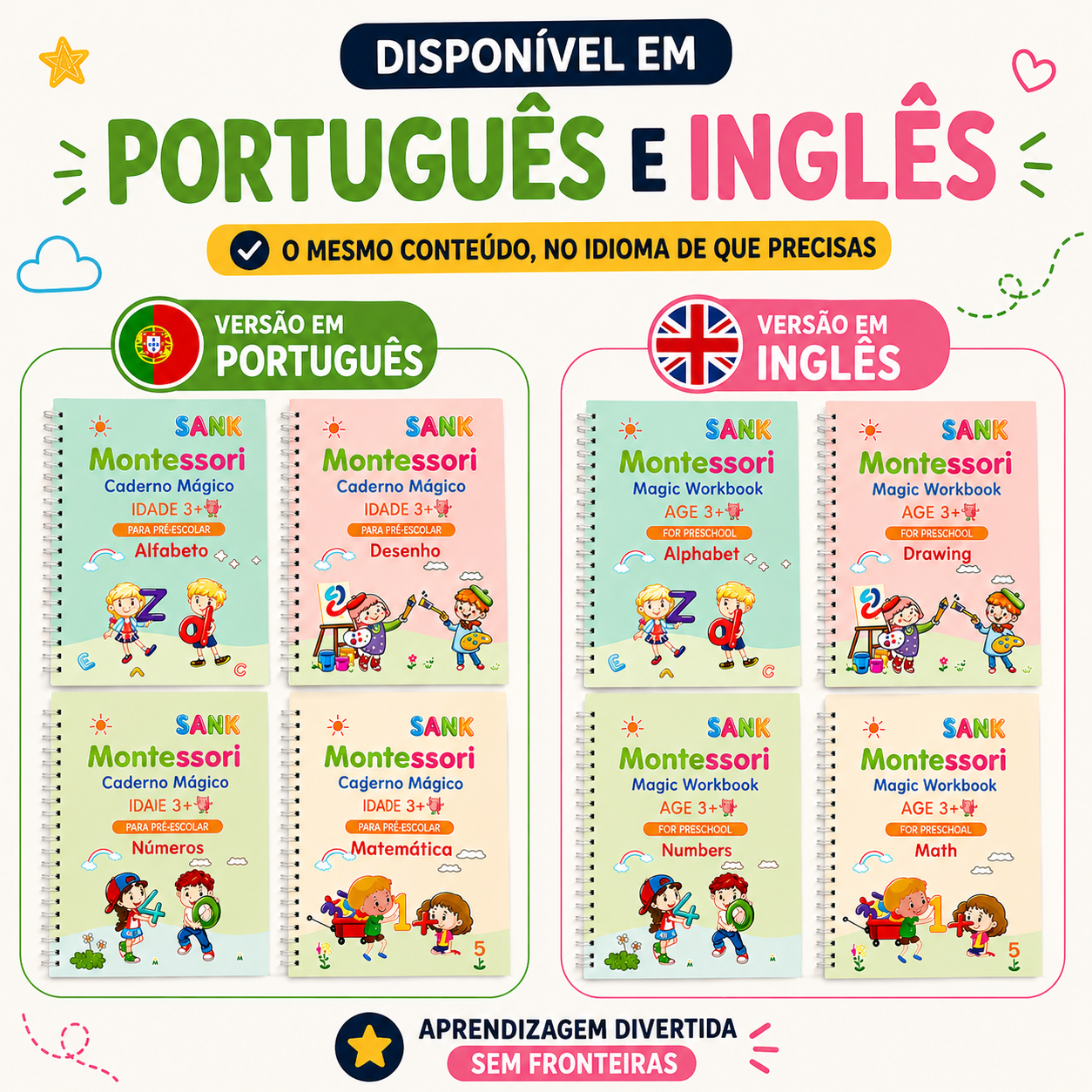 Kit 4 Cadernos Educativos Reutilizáveis MagicBook™ (Português e Inglês)