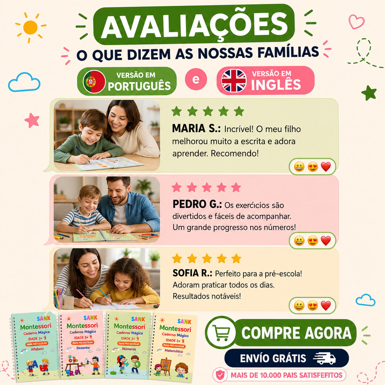 Kit 4 Cadernos Educativos Reutilizáveis MagicBook™ (Português e Inglês)