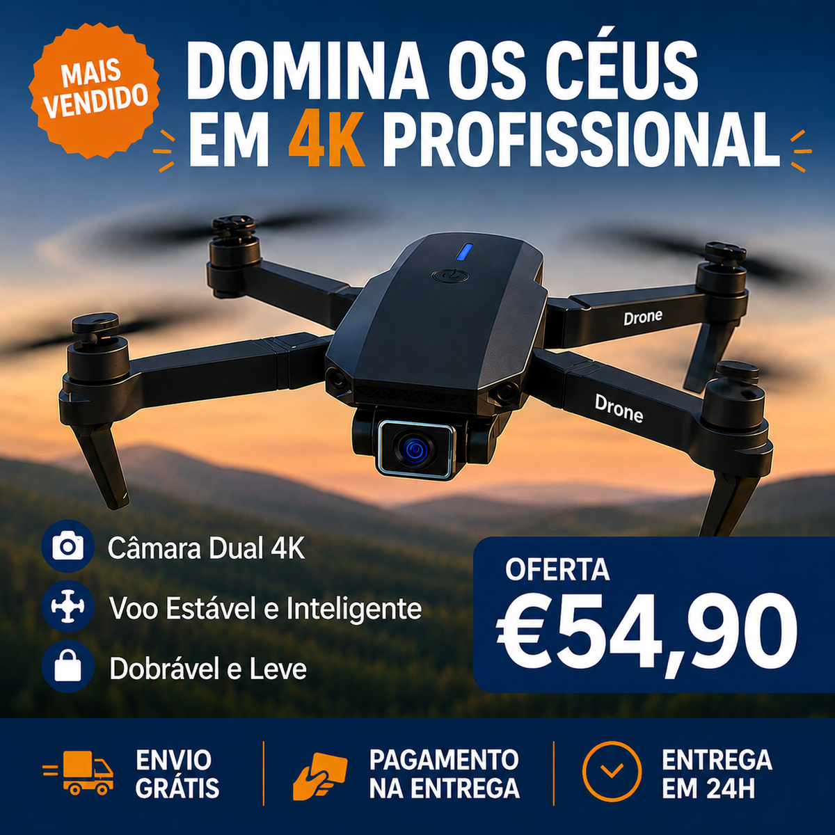 Drone Profissional 4K com Câmara Dupla + Mala de Transporte Grátis